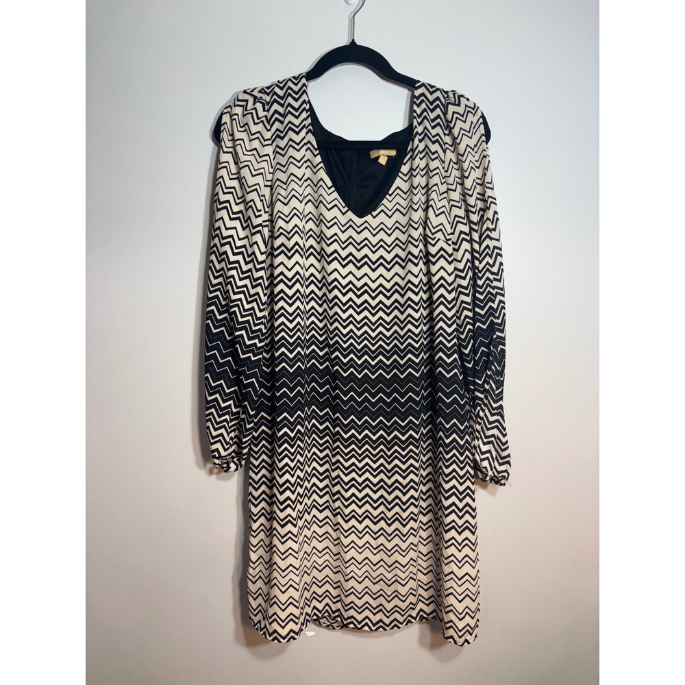 Takara Womens Chevron Zigzag Ombre V-Neck Long Sleeve‎ Shift Dress Black Cream L